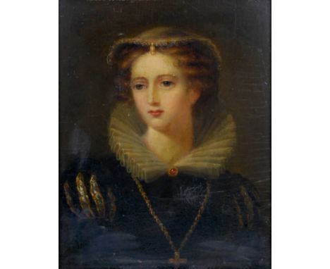 British School (19th century): a portrait of an Elizabethan lady, possibly Mary Queen of Scots, wearing a white veil with dou