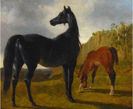 John Frederick Herring, Sr. (British, 1795-1865): equine double portrait, depicting a mare and her foal in a landscape, the b