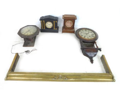 A group of mantel clocks, a slate effect clock, 35.5 by 15 by 30cm high, a oak cased clock, 26 by 16 by 31.5cm high, a octago