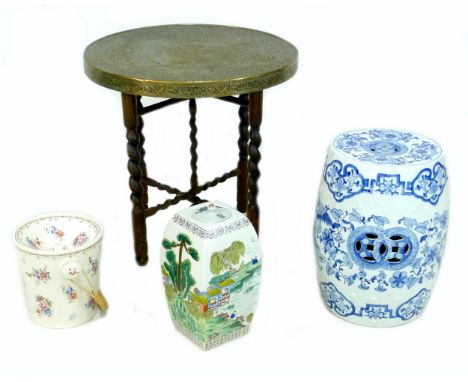 A modern Chinese porcelain garden seat, 31 by 31 by 45cm high, decorated in underglaze blue, together with a modern Chinese b