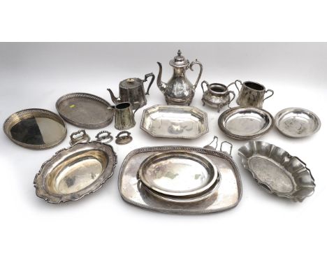 A collection of silver plated items, including a tray, teapot, coffeepot, and serving dishes. (1 box)