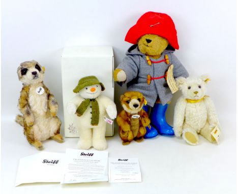 Four Steiff soft toy animals, comprising a Limited edition exclusive to Danbury Mint  'The Snowman' numbered '297', productio