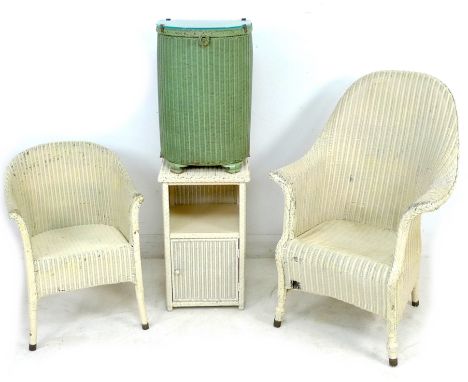 A group of vintage wicker furniture, comprising a white painted high back armchair, 68 by 73 by 101cm high, a similar low bac