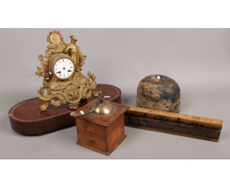 A collection of wooden items etc including a French gilt spelter mantle clock and coffee grinder.