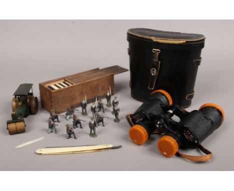 A box of collectables including a pair of cased Swift 8 x 40 binoculars, a Cammell &amp; Co. Ltd cut throat razor, dominoes, 