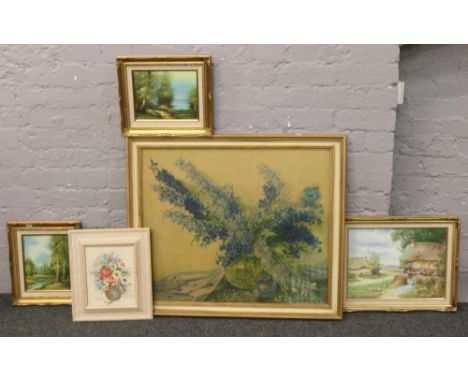 A gilt framed floral print along with four oil on canvas with various signatures.