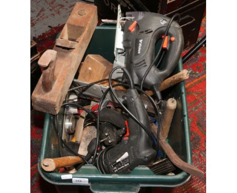 A box of tools to include Wickes power drill, Mallet, smooth plane Wickes jigsaw etc.