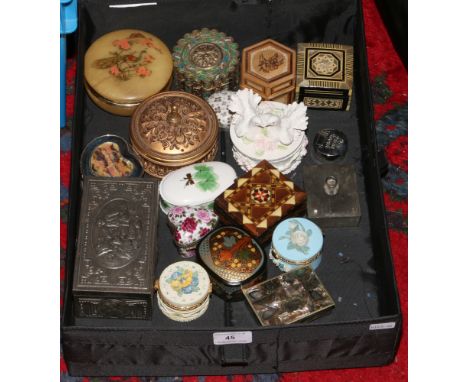 A box of trinket boxes to include ceramic, wooden, metal examples.