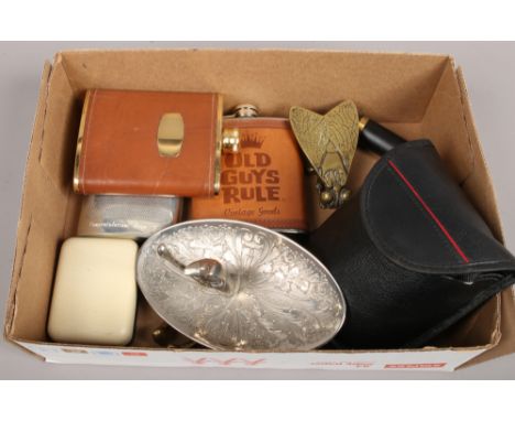 A small group of collectables to include ladies Bulova wristwatch, brass fly match strike, hip flask etc.