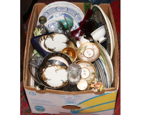 A box of blue and white dinnerware's, cabinet plates, glassware's, ornaments, Royal Worcester millennium pin dish, cabinet cu