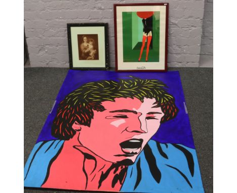 A framed A. Dalla Costa print, along with a painted poster of a male musician and a framed monochrome print.