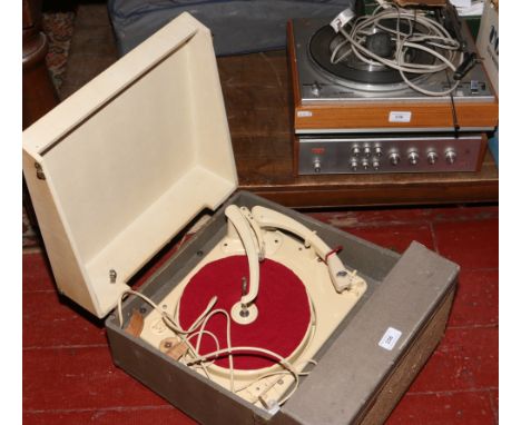A Pilot stereophonic 4 picnic gramophone with Garrard turntable, along with a Philips 590 amplifier and turntable. Both with 