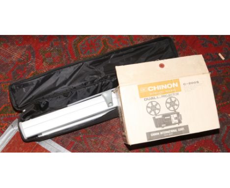 A Chinon Sound 7800 twin track sound projector in box, along with a projector screen in carry bag.