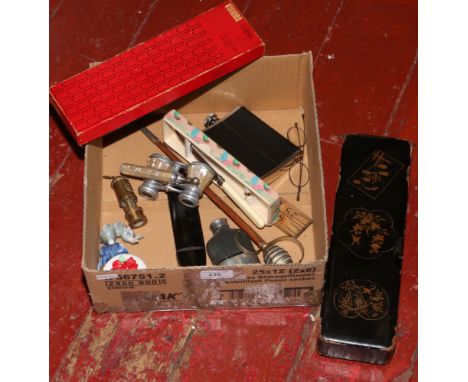 A box of miscellaneous to include hip flasks, opera glasses, lacquered box, miniature miners lamp etc.