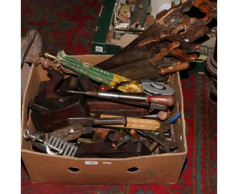 A box lot of tools to include Wood saws, clamps, Rabone Chesterman 30m tape measure, set squares etc.