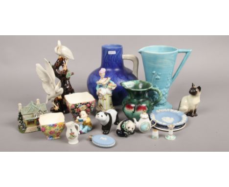 A group of mixed ceramics to include Royal Worcester F. G. Doughty figure, Beswick, silver top Wedgwood scent bottle etc.