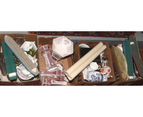 Four boxes of miscellaneous including glasswares, tea pots, Pears soap advertising print, cased flatwares etc.