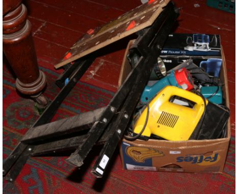 A box of power tools and a Black &amp; Decker workmate to include 1200w Wickes router kit, Makita 210mm circualr saw, Karcher