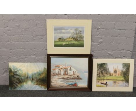 A quantity of pictures including a 19th century watercolour river landscape, a framed oil on canvas, John Rudkin unframed pri
