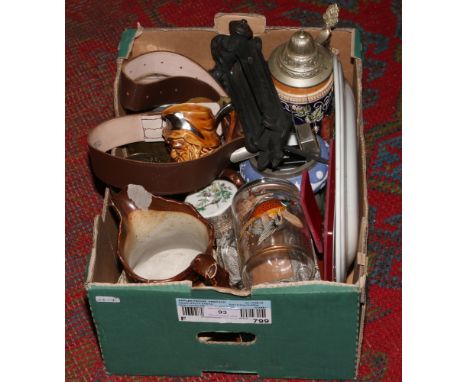 A box of miscellaneous to include stein, stoneware jug, trinket boxes, compass sets etc.Condition report intended as a guide 
