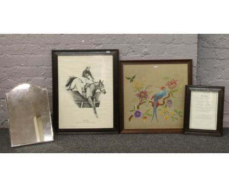 After Chris Jennings a framed print of Redrum with certificate, bevel edged mirror and a needlework tapestry of an exotic bir