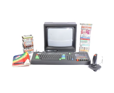 Retro Gaming - a vintage 1980s (1984) Amstrad CPC 464 Home Computer with CTM 644 colour monitor, keyboard, joystick, user gui