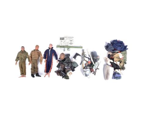 Action Man - x3 vintage 1960s / 1970s Palitoy Action Man figures with a selection of clothing and accessories. Action Man fig