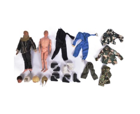 Action Man - vintage Palitoy Action Man flock haired figures (AF) x2 with eagle eyes along with a selection of assorted cloth