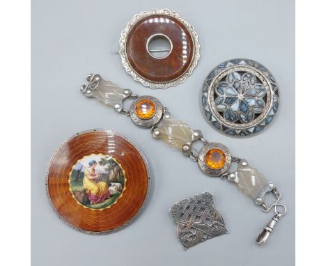 A Scottish silver bracelet, stone and Citrine set together with three similar brooches and an enamel circular brooch 