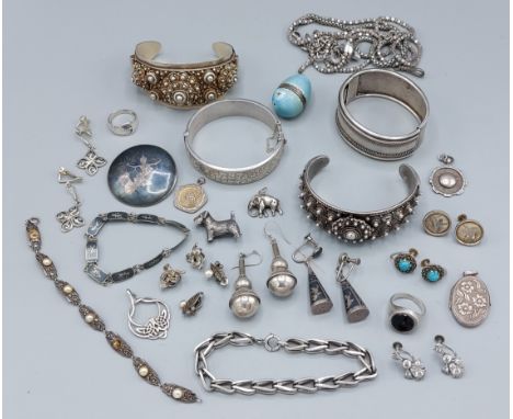 A Birmingham silver bangle together with three other bangles and other jewellery, mainly silver 