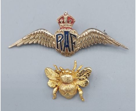 A 9ct gold and enamel set RAF brooch together with a 9ct gold brooch in the form of a Bee, 8.1gms 