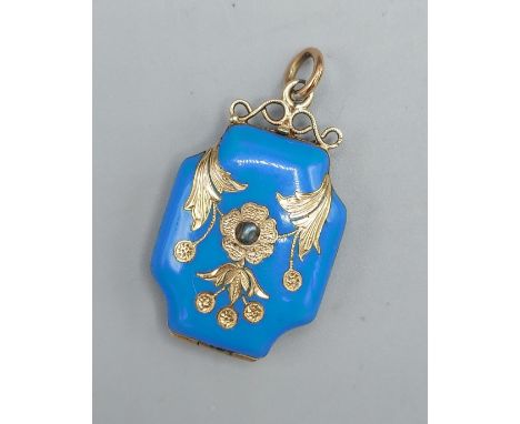 A yellow metal, powder blue enamel and pearl set pendant locket, 6.9gms 