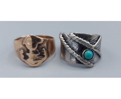 A 9ct gold signet ring, 3.2gms together with a 925 silver ring 