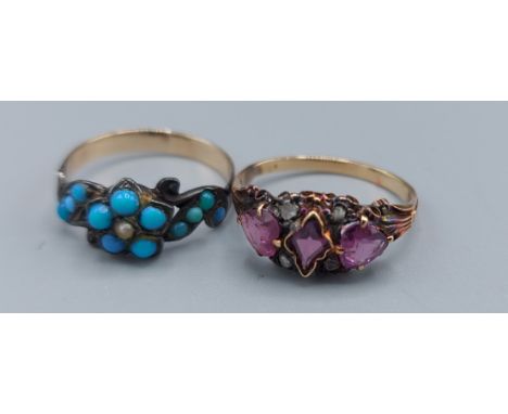 A yellow metal Amethyst and Diamond set dress ring together with another similar set Pearl and Turqouise 