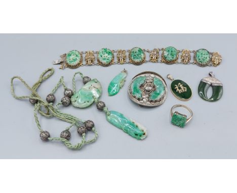 A 9ct gold jade set ring together with Chinese white metal and jade brooch and other related items 