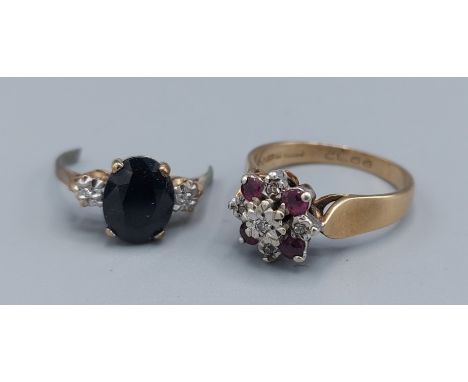 A 9ct gold ring set Amethyst and Diamond together with a cut ring set Sapphire and two Diamonds 