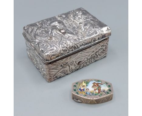 A Chinese white metal box together with an enamel decorated snuff box 