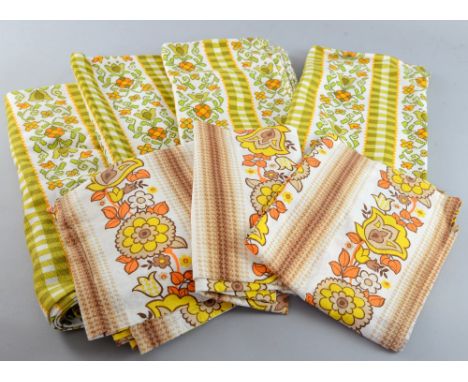 Vintage Fabric 1960s/70s mustard gold pattern, six pieces, 86cm x 95cm plus hems, vintage bedspread printed yellow and orange
