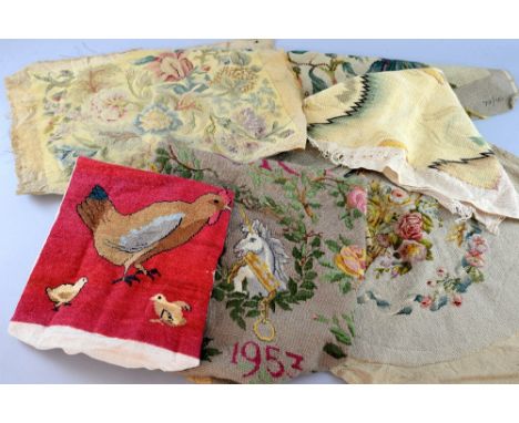 Assorted tapestry and needlework to include floral designs,  ER 1953,  Chickens, reels of cotton and wool, bargello work pane