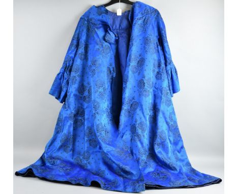 1950s vintage fashion, Victor Joslin royal blue dress with floral print and matching duster coat  and a Nettie Vogues gold st