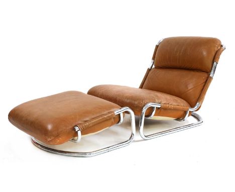 A tan leather and chrome lounger and stool, 1970s, 80cm wide 100cm deep 68cm high, seat 32cm, pouffe 75cm wide 60cm deep 27cm