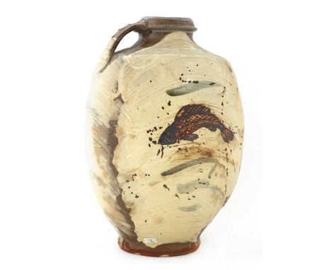 *Jim Malone (b.1946), a stoneware bottle vase with a handle, with hakeme slip glaze, decorated with a fish both sides, artist