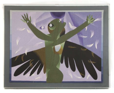 A French tapestry, untitled (figure with wings), tapestry 35.8cm wide x 111cm high 154.2cm wide x 130cm high, framed