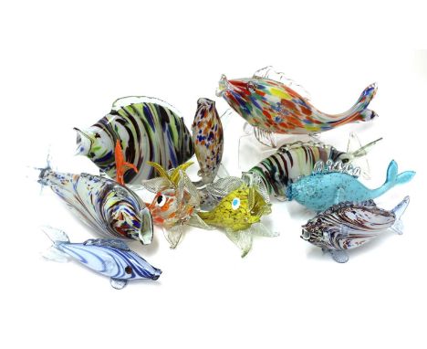 Ten Italian Murano glass fish, 1960s/70s, various shapes and designs, unsigned, largest 5cm long (10)