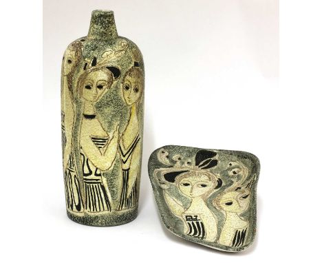 An Italian ceramic vase, by Marcello Fantoni, decorated with stylised figures of women, signed 'Fantoni Italy' , 25.5cm high.
