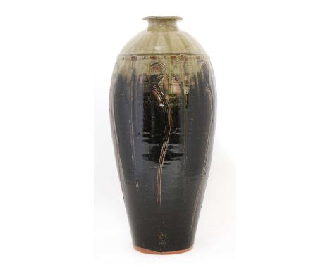 *Jim Malone (b.1946), a stoneware bottle vase, with a short cylindrical neck and flared rim, the shoulder with an olive glaze