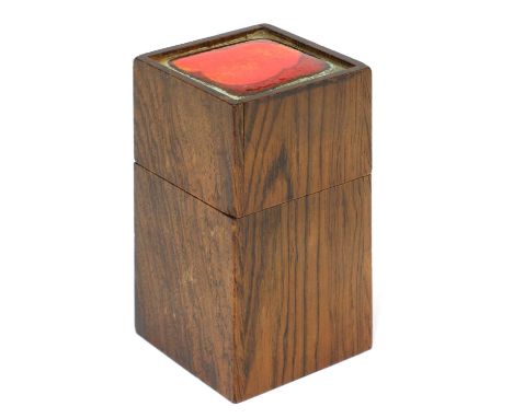 A Danish rosewood and enamel trinket box, § 1960s by Alfred Klitgaard, with bright orange and red enamel by Bodil Eje, stampe