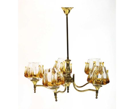 A Murano amber glass chandelier, with five amber and clear drip shades, together with two spare shades, 54cm diameter 55cm hi