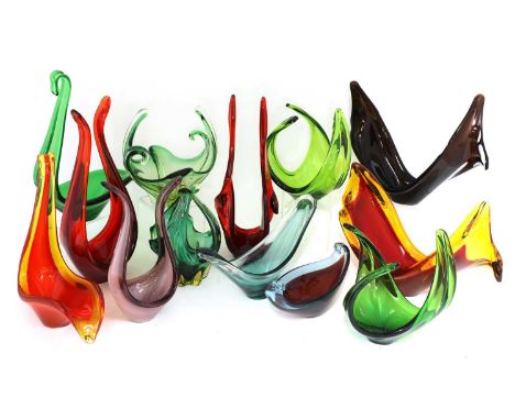 Thirteen Italian Murano glass vases, 1960s/70s, various shapes and designs, unsigned, largest 23cm high (13)