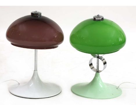 A composed pair of table lamps, c.1970/80s, the first with a green cased glass shade on a ringed chrome column over a green s